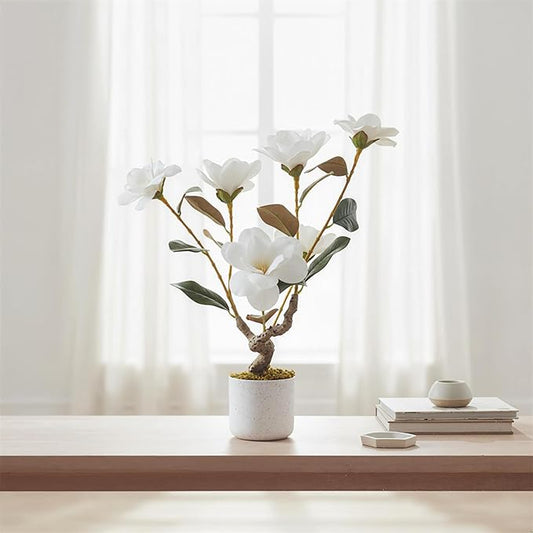 Garvee 24" Artificial Magnolia Tree, Artificial Realistic Magnolia Grandiflora with White Planter and 6 Lifelike Flowers, Fake Potted Flower Plant for Home Office Decor, White