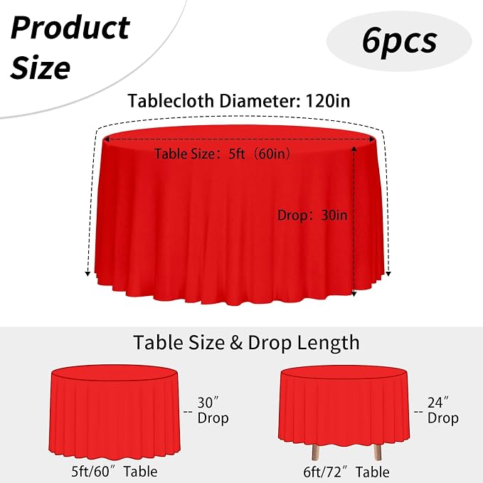 Fixwal 6 Pack Red 120 Inch Round Tablecloths, Reusable Heavy Duty Washable Polyester Table Covers, Stain and Wrinkle Resistant for Party, Christmas, Anniversary, Outdoor, Camping