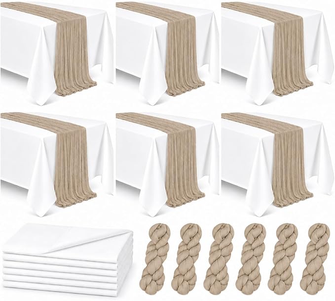 Cinrobiye 12 Pack Boho Wedding Table Decor Set, 6 White Tablecloths and 6 Cheesecloth Table Runners, Gauze Table Runner and Tablecloth Kit for Wedding Baby Shower Bridal Shower Party Reception(Coffee)