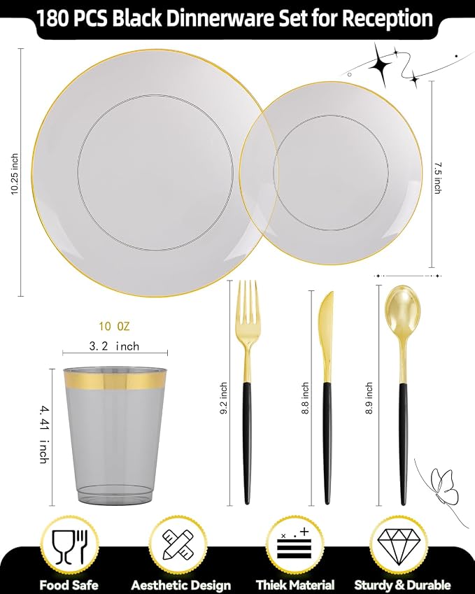 Supernal 180PCS Black and Gold Plastic Dinnerware Set for 30 Guests - Elegant Disposable Plates with Gold Plastic Silverware & Cups - Heavy Duty Party Supplies for Graduation, Wedding, and Anniversary