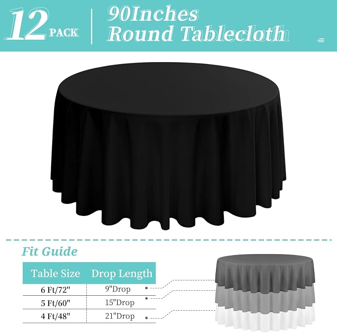 12 Pack Round Tablecloth 90 Inch - Black Polyester Tablecloth for Round Table, Premium Stain and Wrinkle Resistant Washable Fabric Table Cover for Wedding Party Banquet Restaurant Reception