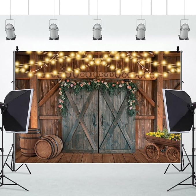 Leowefowa Western Wedding Backdrop 15x10ft Rustic Floral Barn Door Light Strings Barrels Photography Background Bridal Shower Photo Booth Props Cowboy Western Themed Party Decorations Banner Vinyl