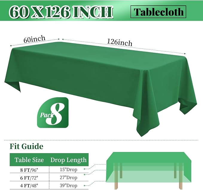 fani 8 Packs Green Rectangle Tablecloth - 60 x 126 Inch, Premium Polyester Table Cloth for 6 Foot Rectangle Tables, Washable Fabric Table Covers for Wedding, Party, Banquet, Dining