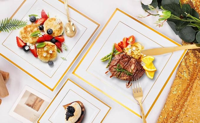 Festiva 350Pcs Gold Plastic Plates - Disposable Square Gold Plates Dinnerware set include 9.5"/6" Plates,Cups,Plastic Cutlery,Hand Napkins Perfect for 50 guests Party&Birthday&Wedding