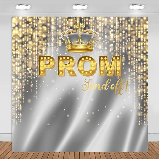 Prom Send Off Backdrop Silver and Gold 2026 Graduation Photography Background Party Decorations Class of 2026 Congrats Grad Banner Photo Booth Props (Silver and Gold, 6x6ft)