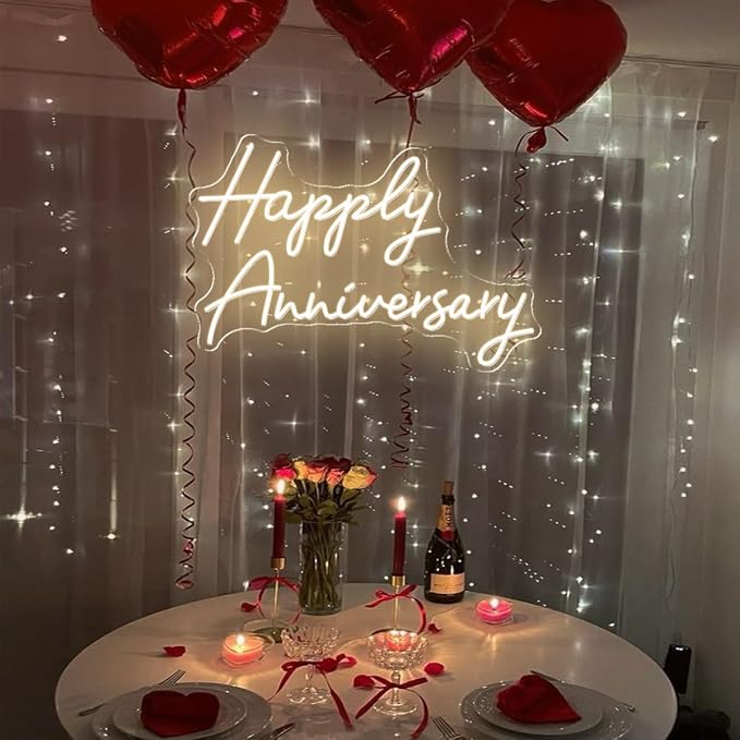 25X17" Large Happy Anniversary Neon Sign with Remote Dimmer, LED Celebratory Neon Lights Sign for Wedding Anniversary Party Wall Decor, Dimmable Light Up Sign for Livingroom, Bar, Shop, Warm White