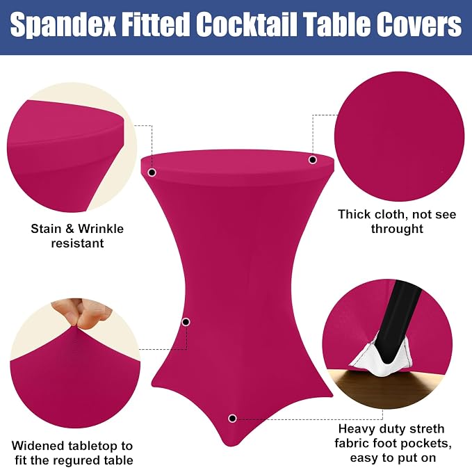 Moosfor Spandex Cocktail Table Covers 4 Pack, Elastic Fitted Stretch Table Cloth, Round High Top Tablecloths for Bar, Party, Pub, Wedding & Banquet (Fuchsia, 32x43 Inch)