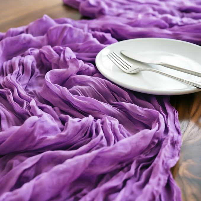 LINXTAR Purple Cheesecloth Table Runner 120 Inches 10Ft Gauze Summer Boho Table Runner for Wedding Tea Party Baby Shower Bridal Birthday Home Decoration