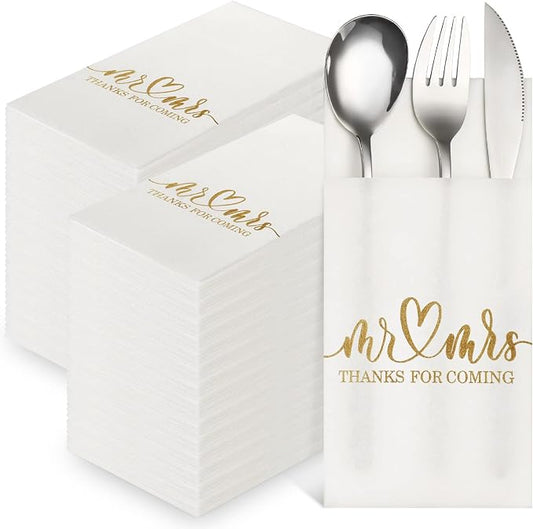 Panelee 100 Pcs Wedding Napkins with Built-in Flatware Pocket Mr and Mrs Personalized Napkins Linen Feel Disposable Dinner Supplies for Wedding Reception Bridal Shower Party Decor(Gold)