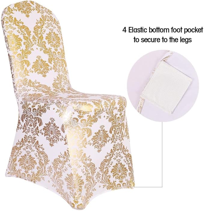 Pack of 6 Dining Chair Covers Bronzing Gold Flower Print Removable Washable Spandex Stretch Decorative Chair Slipcovers Set for Party Wedding Home Decorations - Gold+White
