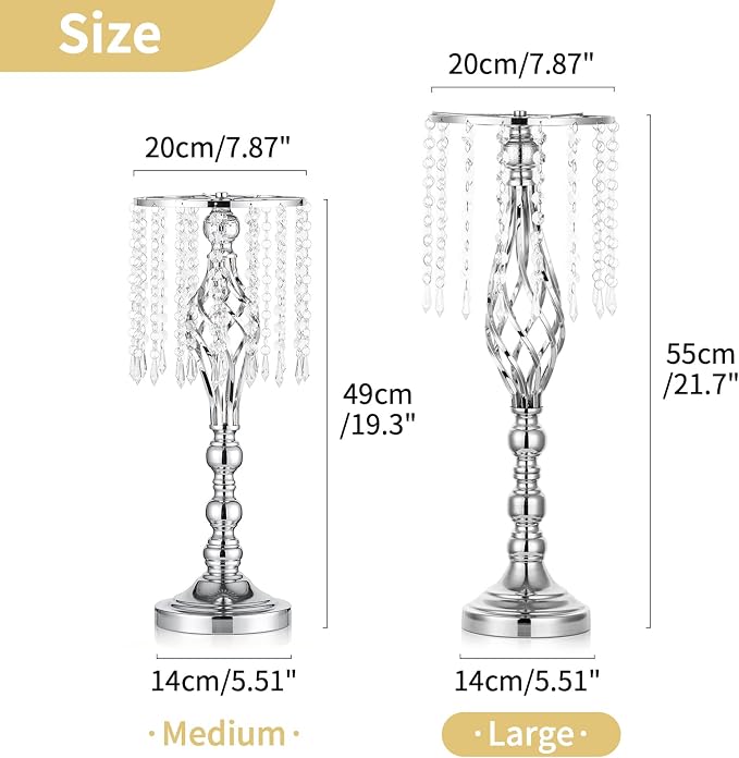 Nuptio 2 Pcs Silver Wedding Centerpieces Flower Stand, 21.7in/55cm Height Wedding Road Lead Flower Vases, Crystal Artificial Flower Arrangements for Wedding Party Birthday Event Reception Home Decor