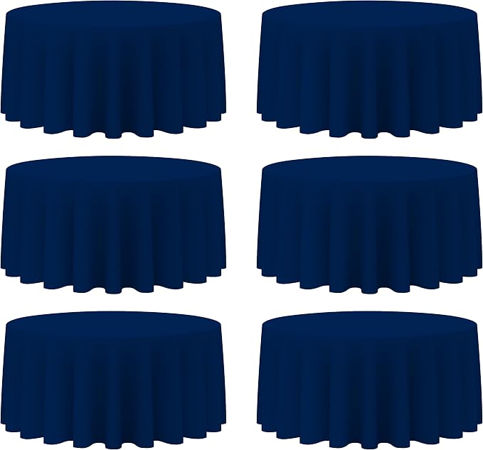BRILLMAX 6 Pack Navy Blue Round Tablecloths 132 Inch for 72” Tables - 150 GSM Polyester Fabric, Floor Length Drop, Water, Stain & Wrinkle Resistant Cloth Cover for Wedding Reception Banquet Dining