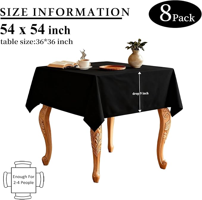8 Packs Black Tablecloths 54x54 Inch for Square Tables, Wrinkle Resistant Polyester Fabric Tablecloth Washable Rectangular Table Covers for Dining Wedding Party Buffet