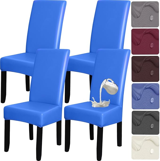 HFCNMY Dining Room Chair Covers - Waterproof PU Slipcovers for Dining Set of 4, Soft, Washable, Blue