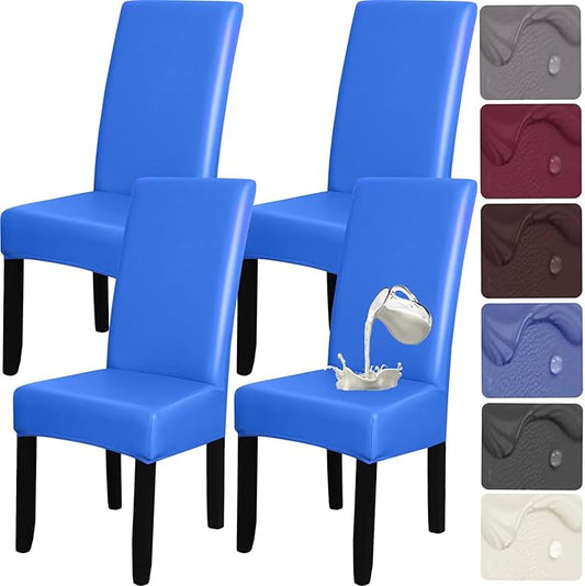 HFCNMY Dining Room Chair Covers - Waterproof PU Slipcovers for Dining Set of 4, Soft, Washable, Blue