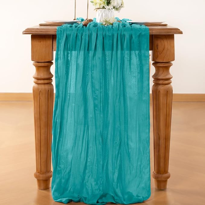 LINXTAR Teal Cheesecloth Table Runner 10 Pack 120 Inches 10Ft Gauze Summer Boho Table Runner for Wedding Tea Party Baby Shower Bridal Birthday Home Decoration