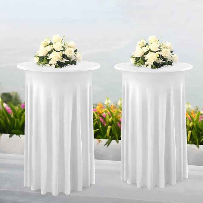4 Pack White Round High Top Table Cloth 36x43 Inch, Wrinkle Free Stretch Spandex Tablecloths with Skirt, for Party Banquet Birthday Bar