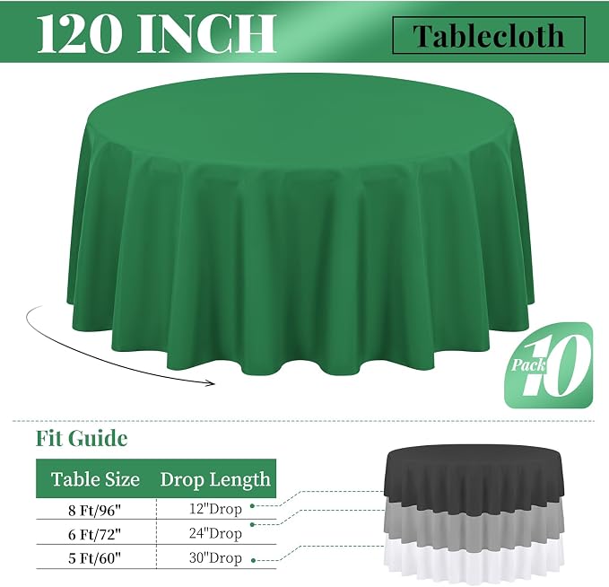 fani 10 Pack 120 Inch Round Tablecloth, Green Polyester Fabric Table Cloth for Round Table, Stain and Wrinkle Washable Table Cover for Wedding Party Dining Table Buffet Banquet Restaurant and Camping