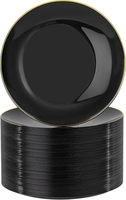 Nervure 100 Pieces Black Plastic Plates - 7.5inch Black Dessert Plates - Disposable Gold Plastic Plate - Disposable Plate Ideal for Wedding & Party