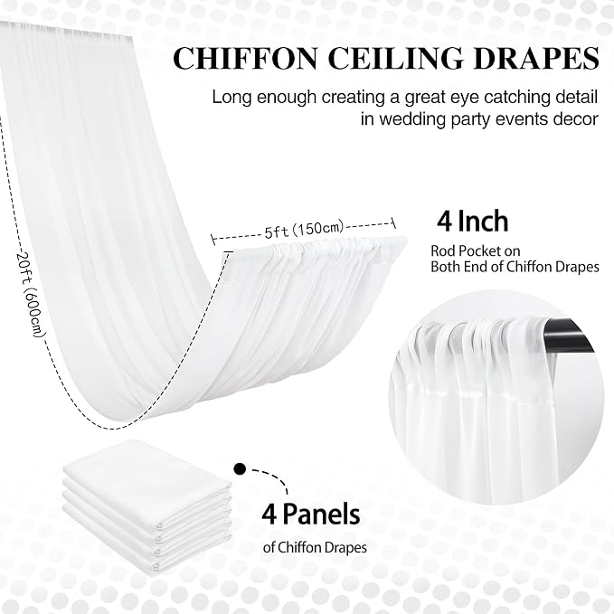 DUOBAO White Wedding Chiffon Ceiling 5x20FT Long Sheer Draping Fabric Photography Backdrops 4 Panels Soft Drapes Curtains for Weddings Arches Christmas Indoor Events
