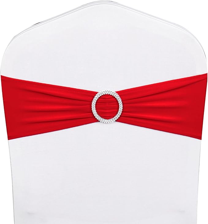 Pack of 50 Spandex Red Chair Sashes for Wedding Chair Bows Ties Stretch Chair Bands with Silver Buckles for Party Birthday Engagement Banquet Christmas Event Decorations (Red)