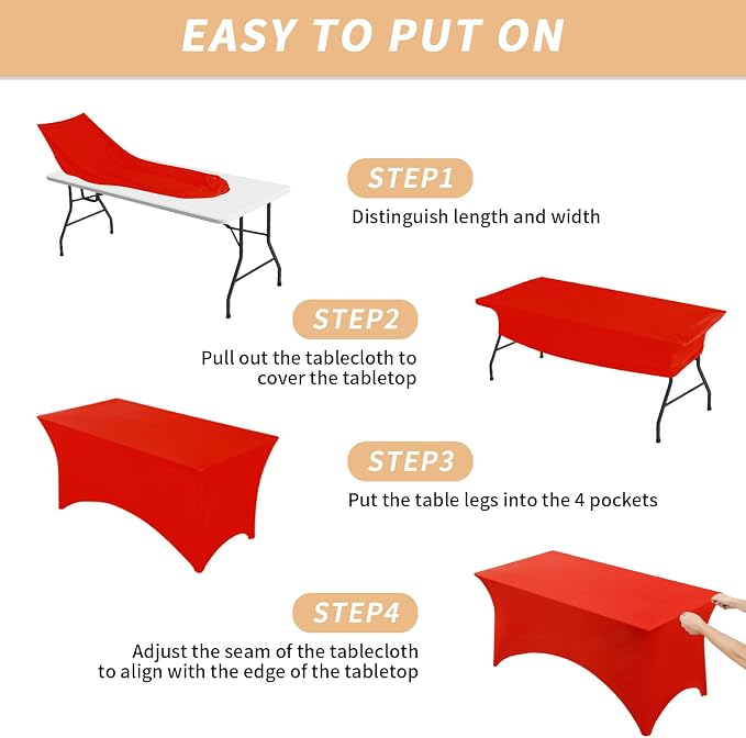 Fixwal 6 Pack 6Ft Red Table Cover, Spandex Fitted Tablecloths Rectangle, Wrinkle-Free and Stretch Folding Table Cloth for Banquet, Wedding, Party, Trade Show