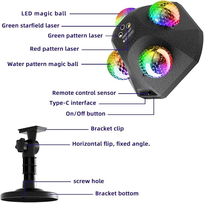 4 Disco Ball in 1 Party Lights Indoor Outdoor, Dj Laser Lights for Parties Decor Strobe Sound Activated Stage Disco Dj Light with Remote for Karaoke Birthday Wedding Club Christams