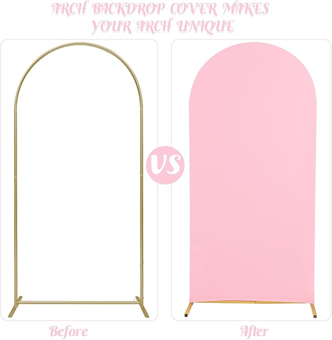 Set of 2 Wedding Arch Cover 2-Sided Round Top Spandex Fitted Arch Backdrop Cover for Birthday Party Baby Shower Wedding Arch Stand Decor（7.2FT, 6FT, Pink）