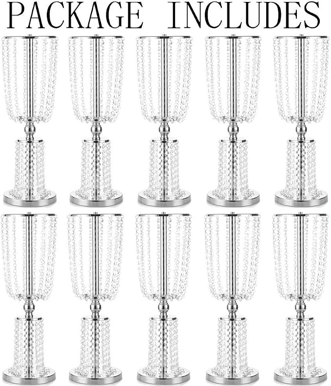 10 Pcs 23.75 inches Tall Crystal Metal Vase Flower Stand Holders Wedding Centerpiece Chandelier for Reception Tables Wedding Supplies