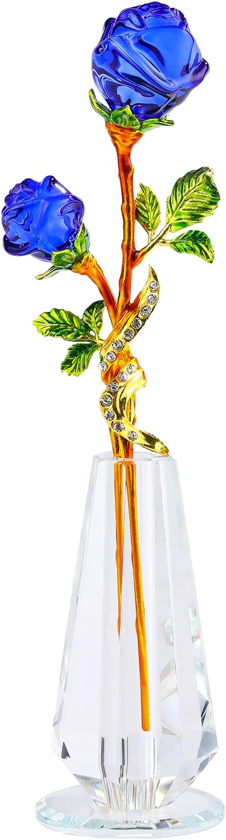 YWHL Handmade Crystal Blue Rose Flower Figurine with Vase, Bouquet Glass Flowers Ornament Rose Gifts for Girlfriend Sister Women, Crystal Flower Home Decor for Anniversary Mother's Day Wedding