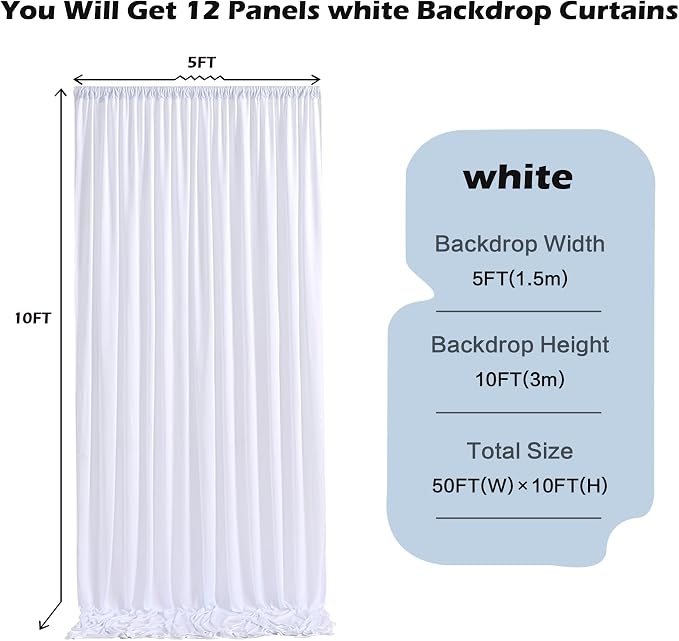 60ft x 10ft Wrinkle Free White Backdrop Curtains for Parties Wedding, 12 Panels 5x10ft Silky Soft Polyester Photo Backdrop Drapes for Party Birthday Baby Shower Photography Cloth Background