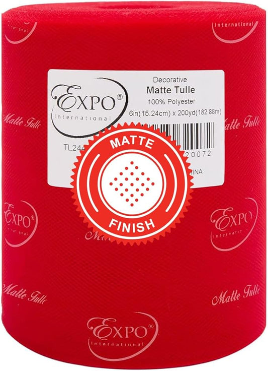 Expo International Decorative Matte Tulle, Roll/Spool of 6” X 200 Yards, Lightweight Polyester Tulle Fabric for Tutus, Costumes, and Party Decorations, Washable, Easy-to-Use, Red