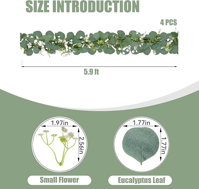 6FT Artificial Eucalyptus Garland Greenery - 4 Pack Realistic Faux Eucalyptus Vines for Wedding Arch, Backdrop, Mantle Decor, Table Runner, and Home Decoration, (4 Packs)