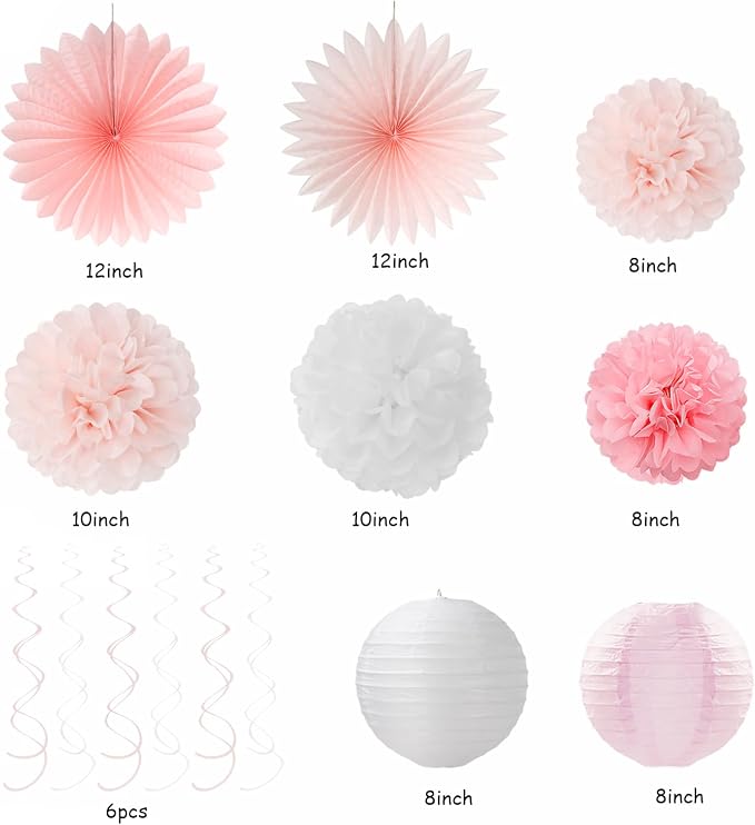 Light-Pink White Happy-Birthday Banner Party-Decorations - 31pcs 21st 30th Women Girls Paper Lanterns Streamers,Tissue Paper Flowers Pom Poms Fans Tassel Garland Decor Backdrop Supplies Hugmoon