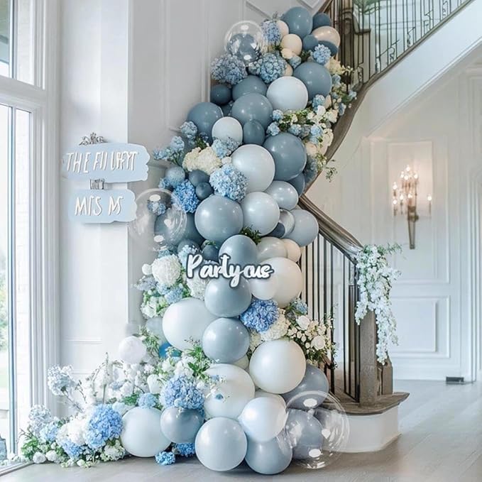 Dusty Blue White Balloon Arch Kit Double Stuffed Pastel Slate Blue White Matte Latex Balloon Garland for Baby Shower Birthday Bridal Wedding Mothers Day Party