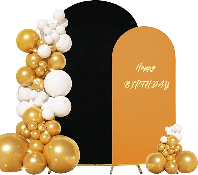 Chiara Arch Backdrop Stand - Set of 2 Fitted Spandex Wedding Arch Covers - Round Top, Gold & Black (6 FT, 7.2 FT)