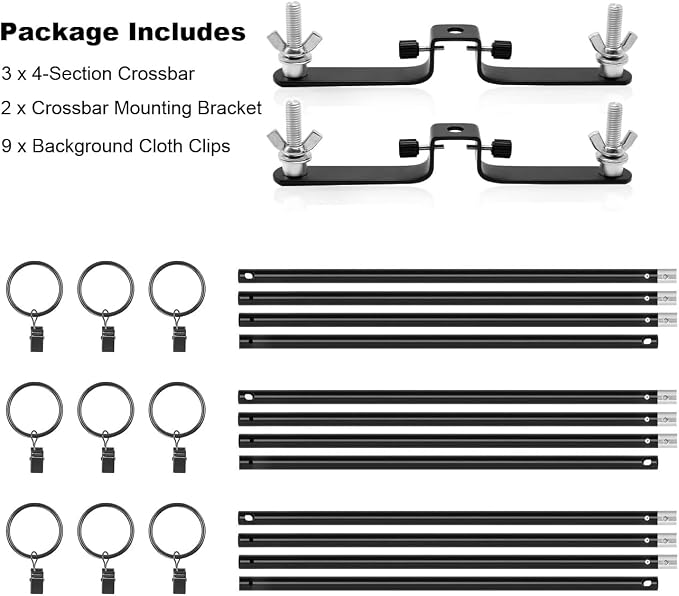 10ft/3M Background Folding Muslin Backdrop Support, 3 x 3m Crossbar, 2 x Mount, 9 x Clip