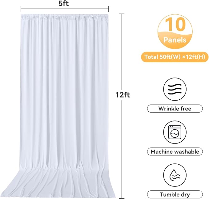 10 Panels 5x12ft White Backdrop Curtains for Wedding Parties, Wrinkle Free Polyester 12 ft Long Photo Backdrop Drapes Back Drop Cloth Drapery for Birthday Baby Shower Ceremony Photography Background