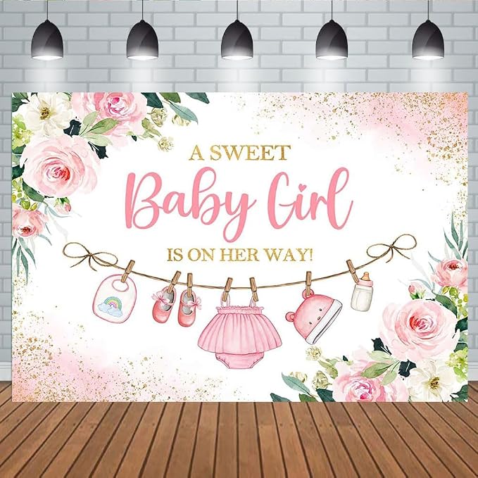 5x3ft Cute Clothes Baby Shower Backdrop for Girls a Sweet Baby Girl is on The Way Newborn Kids Pink Floral Gold Dots Baby Shower Party Decorations Banner Supplies Photo Booth Props
