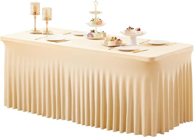 1 Pack Dark Champagne Spandex Tableclothes for 4 Foot Rectangle Tables, Wrinkle Free 4ft Fitted Table Cover Stretch Table Cloth Desk Skirt for Weddings Baby Shower Birthday Party Banquet Decorations