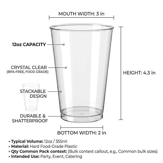 Byvivace 100Counts 12 OZ. Hard Plastic Cups Fancy Disposable Cups for Party, 12 Ounce Clear Elegant Wedding Cups Disposable Wine Glasses for Parties