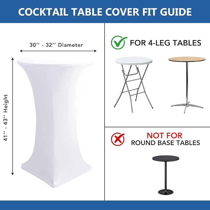 Cocktail Table Covers-Spandex Round High Top Table Cloths 6 Pack 32x43 Inch-White Stretch Fitted Bar Tall Tablecloth for Pub Bistro Highboy Party Event Banquet Height Folding Satnding Tables