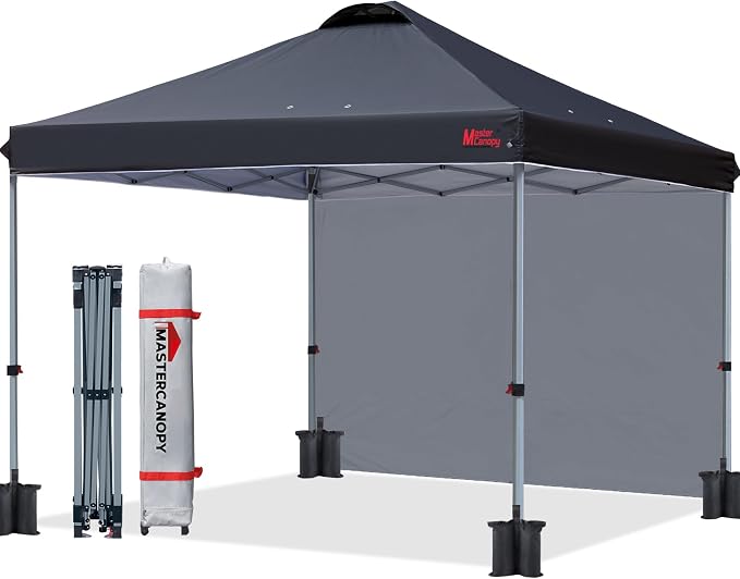 MASTERCANOPY 10x10 Pop Up Canopy Tent with 1 Sidewall, 1 Person Setup Instant Shelter, Outdoor Portable Beach Canopy, 1 Roller Bag, 4 Sandbags, 4 Ropes, 8 Stakes (10x10, Black)