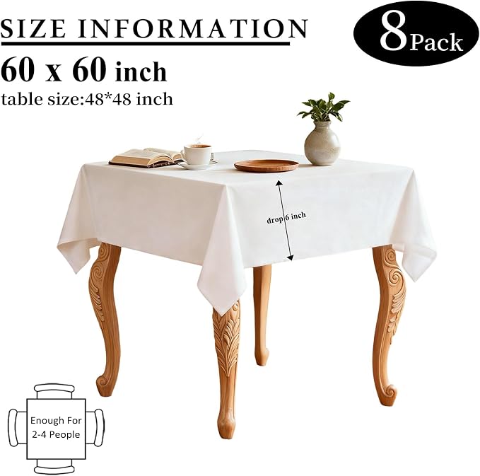 8 Packs White Table Cloth 60x60 Inch for Square Tables, Wrinkle Resistant Polyester Fabric Tablecloth Washable Rectangular Table Covers for Dining Wedding Party Buffet