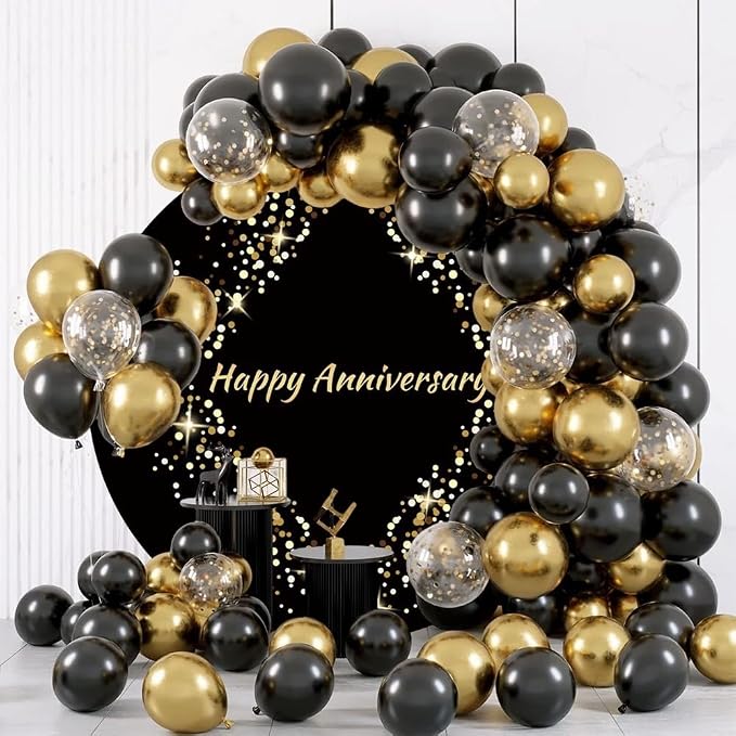 Happy Anniversary Round Backdrop Cover Black and Gold Glitter Spot Anniversary Photography Backdrop Wedding Anniversary Bridal Shower Party Decorations Circle Background Stand Cover 6.5ft