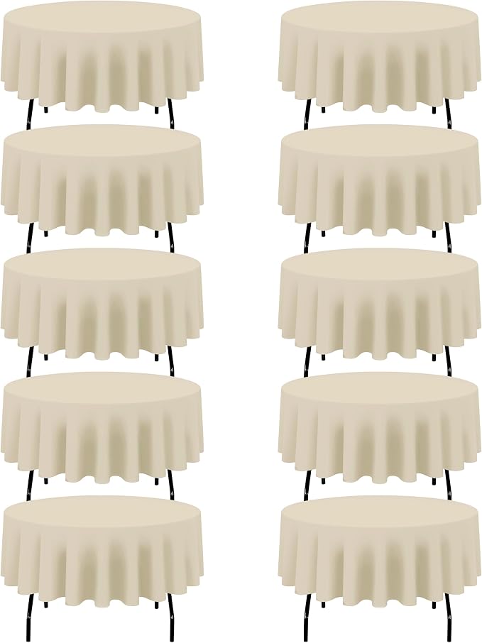 BRILLMAX 10 Pack Beige Round Tablecloths 90 Inch for 60” Tables - 150 GSM Polyester Fabric, 15" Standard Drop, Water, Stain & Wrinkle Resistant Cloth Cover for Wedding Reception Banquet Dining
