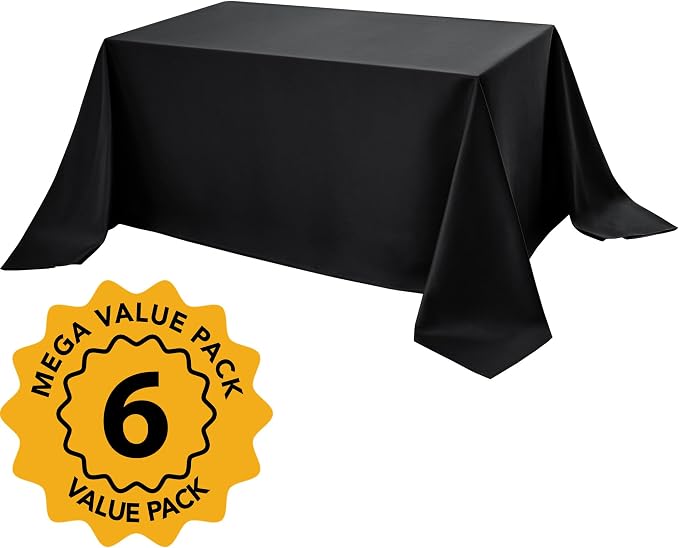 6-Pack Black Tablecloths for Rectangle Tables, 90 x 156 Inches, Stain-Resistant Polyester Fabric for 8 Foot Tables - Washable Table Covers for Weddings, Banquets, Birthday Parties, Events