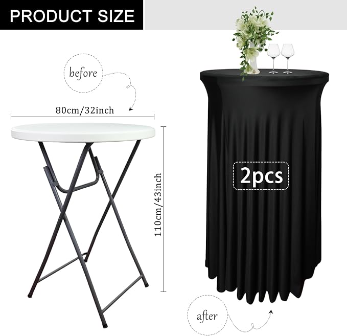 2 Pack 32"x43" Black Round Cocktail Table Skirt | Spandex Fitted High Top Table With Skirt | Stain, Wrinkle Resistant, Washable for Bar Wedding Party Banquet