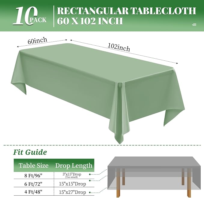 10 Pack Sage Green Tablecloth 60 x 102 Inch Sage Tablecloth for 6 Foot Rectangle Tables Sage Green Table Cloth Washable Polyester Fabric Table Cloths for Parties Wedding Banquet Christmas