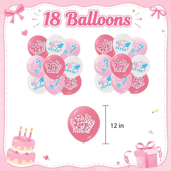 67 Birthday Decorations Set for Girls, 46PCS, Turning 7 Theme Birthday | Paper-3 Banners,24 Cupcake Toppers,1 cake Toppers,18 Balloons, i was 6 now im 7 birthday decorations